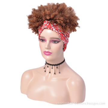Wholesale Ombre Short Turban Wrap Wig Kinky Curly Synthetic Wig With Headband Afro Headband Wig Attached For Black Women Party